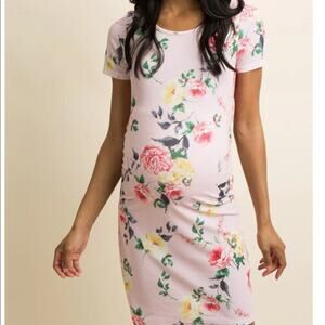 PinkBlush Pink Floral Fitted Ruched Short Sleeve‎ Maternity Dress Size S